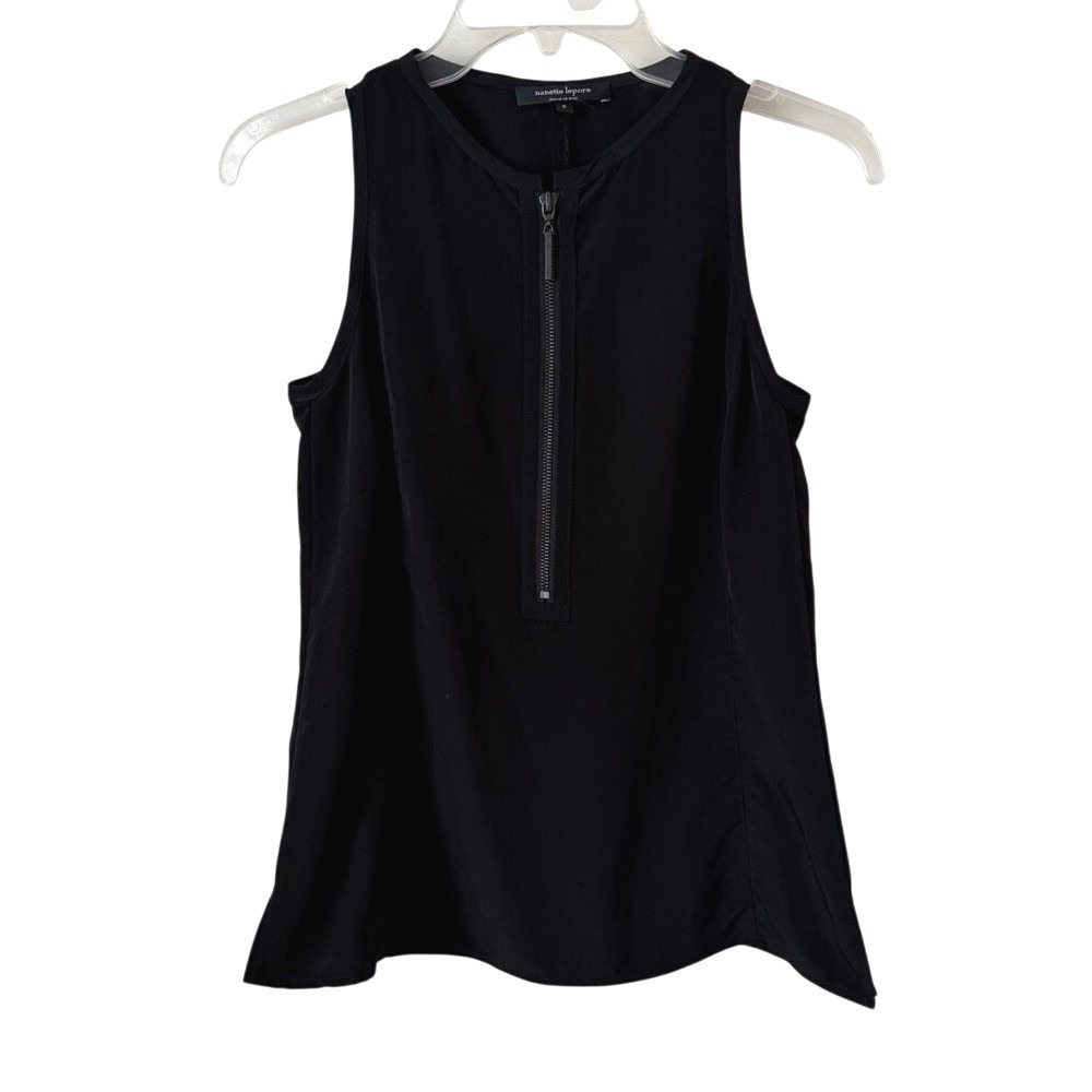 Nanette Lepore Black Sleeveless Top Half Zip Neck Minimalist Classic USA Made